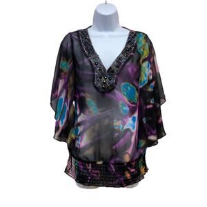 STUDIO Y Black Purple Print Sheer Gathered Waist Beaded V-Neck Top S